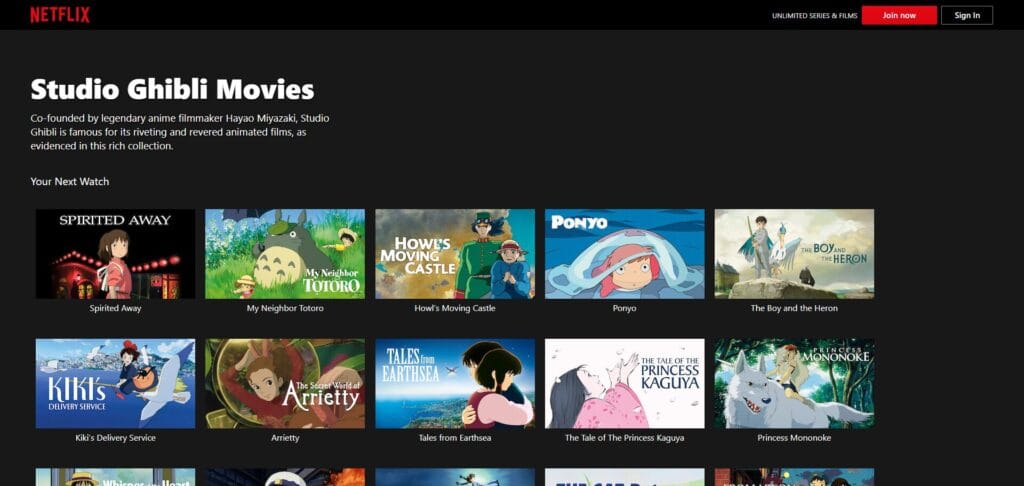 Studio Ghibli catalog on regional Netflix (at time of verification)